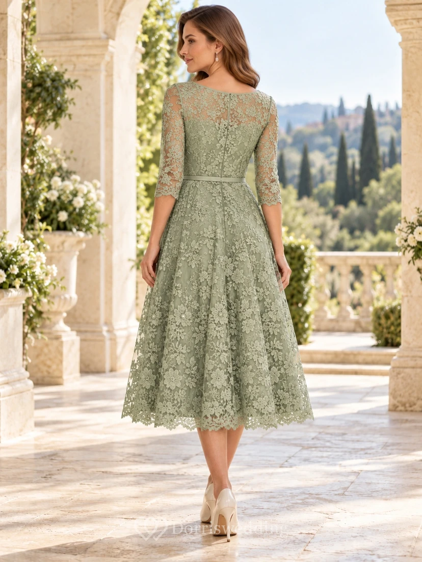 Tea-length Sage Bateau Three-Quarter Sleeve Lace Wedding Guest Dress view 2