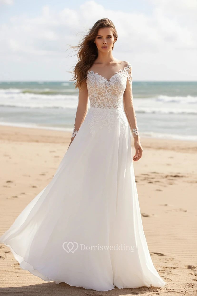 Vestido de novia clásico de manga larga estilo barco