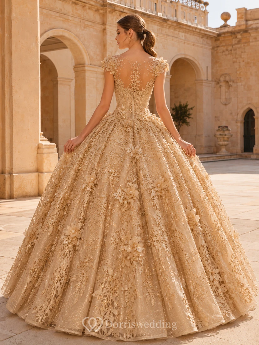 Champagne Modest Jewel Cap Sleeve Sculpted Floral Quinceanera Princess Formal Ball Gown view 2
