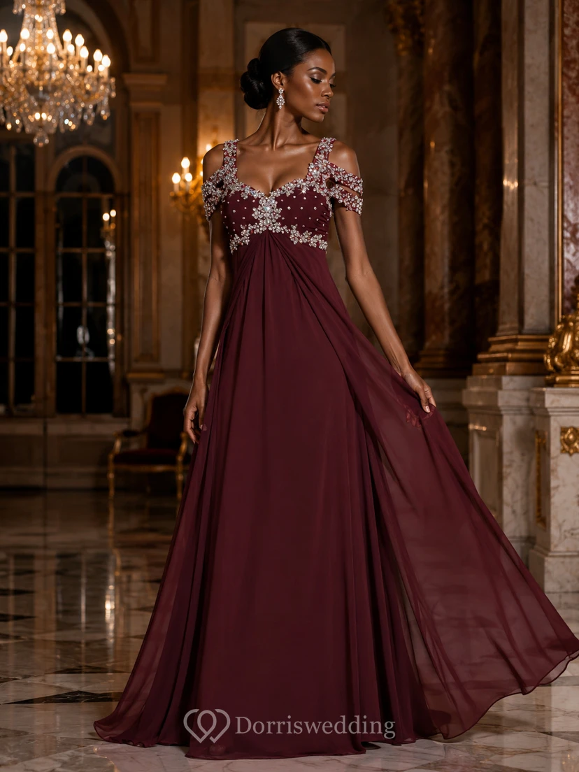 Chiffon-Maxikleid mit Perlenbesatz und Empire-Taille view 5
