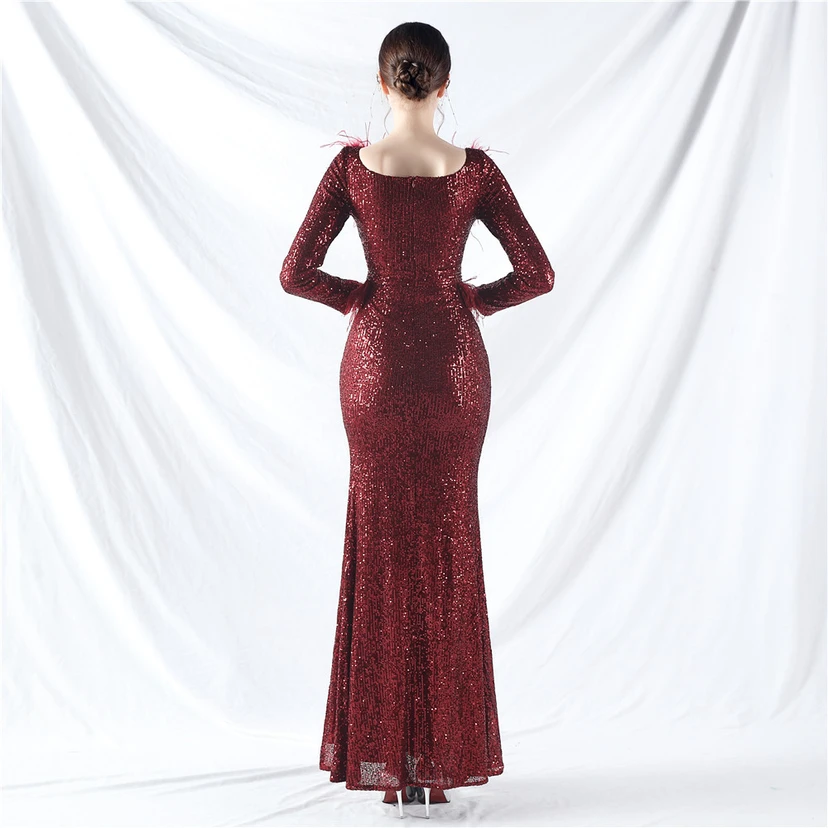 Craft-Made Ostrich Feather Long-Sleeved Beads Evening Dress view 28