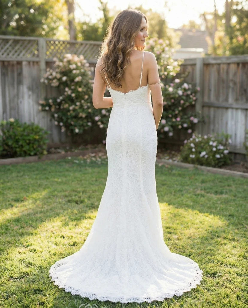 Robe de mariée sirène de maternité en dentelle à fines bretelles et traîne view 2