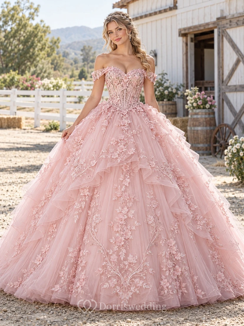 Western Blushing Pink Off Shoulder Floral Tulle Quinceanera Ball Gown