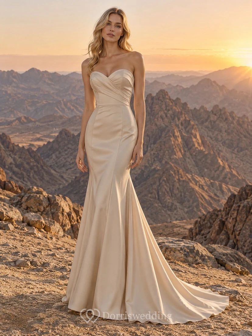 Vestido de novia sencillo estilo sirena color champán, sin tirantes, con escote corazón, corpiño drapeado de satén y cola larga.