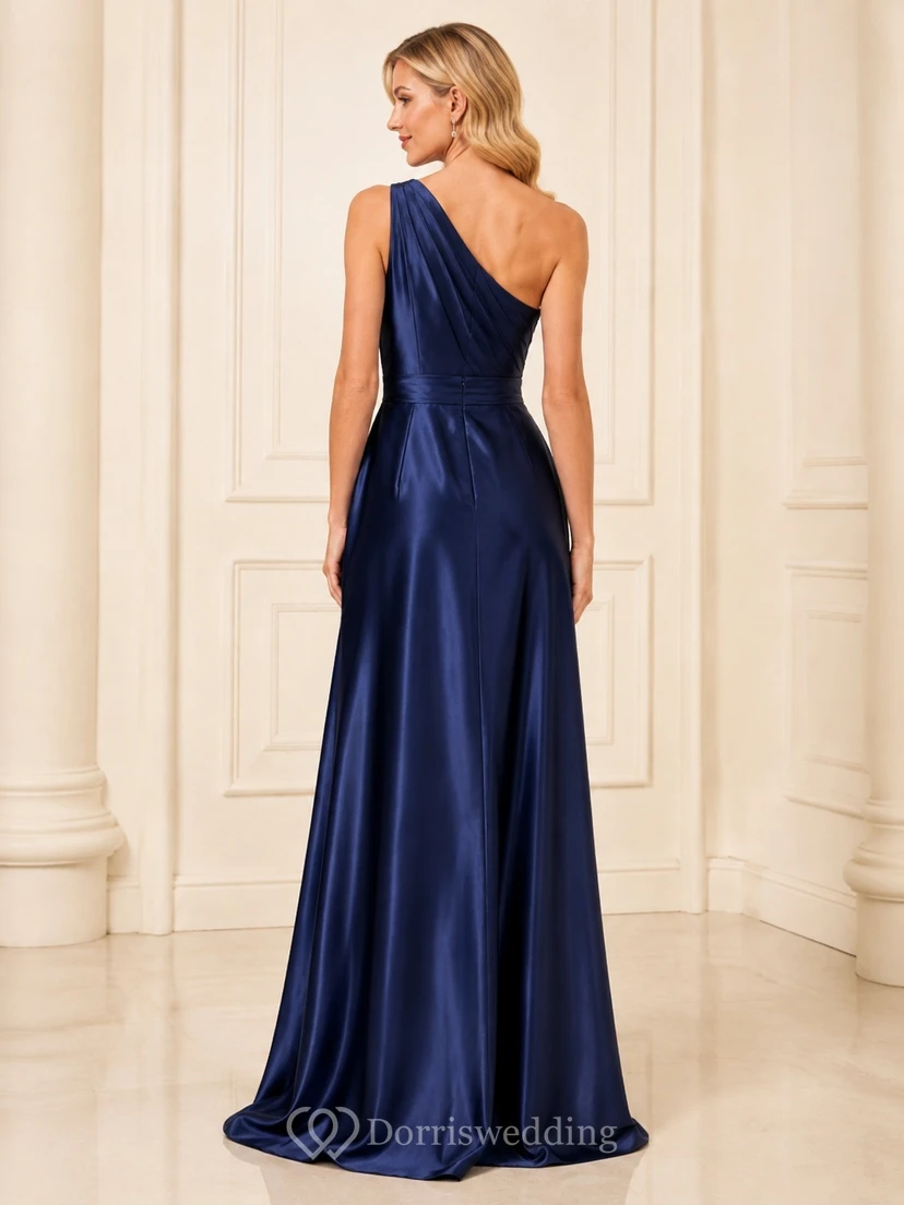 Dark Navy One-shoulder Ruched Satin Mermaid Sweep Train Slit Evening Dress view 2