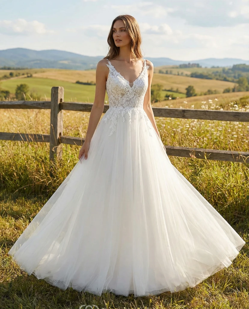 Robe de mariée en tulle style princesse, col V, application de dentelle, sans manches