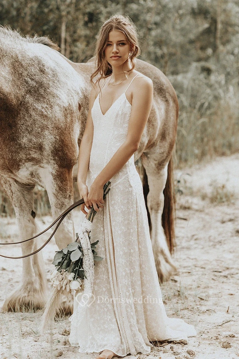 Sheath Lace Spaghetti V-neck Wedding Gown With Straps And Open Back view 3
