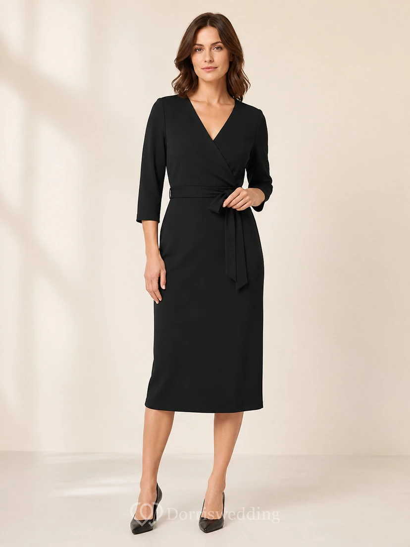 Black Three Quarter Sleeve Wrap Minimal Reception Midi Dress