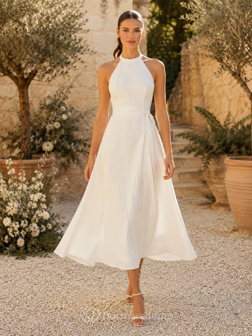 Vestido de novia de corte halter hasta la rodilla para fugas nupciales en jardines traseros abiertos