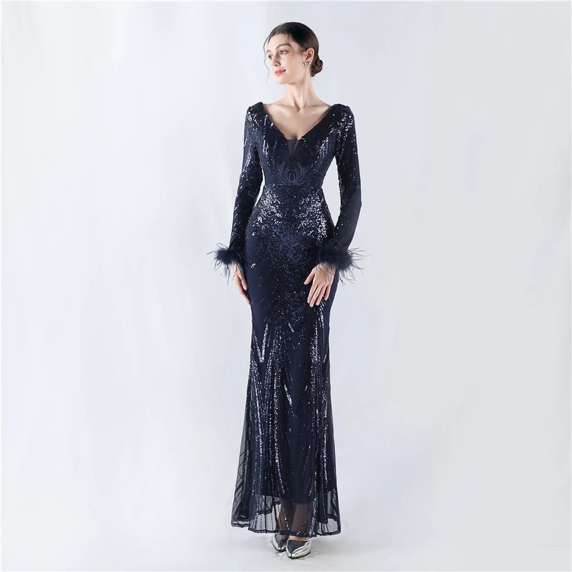 Robe de soirée haut de gamme ornée de perles florales fixes et de poils d'autruche, hôte de la réunion annuelle d'hiver view 37