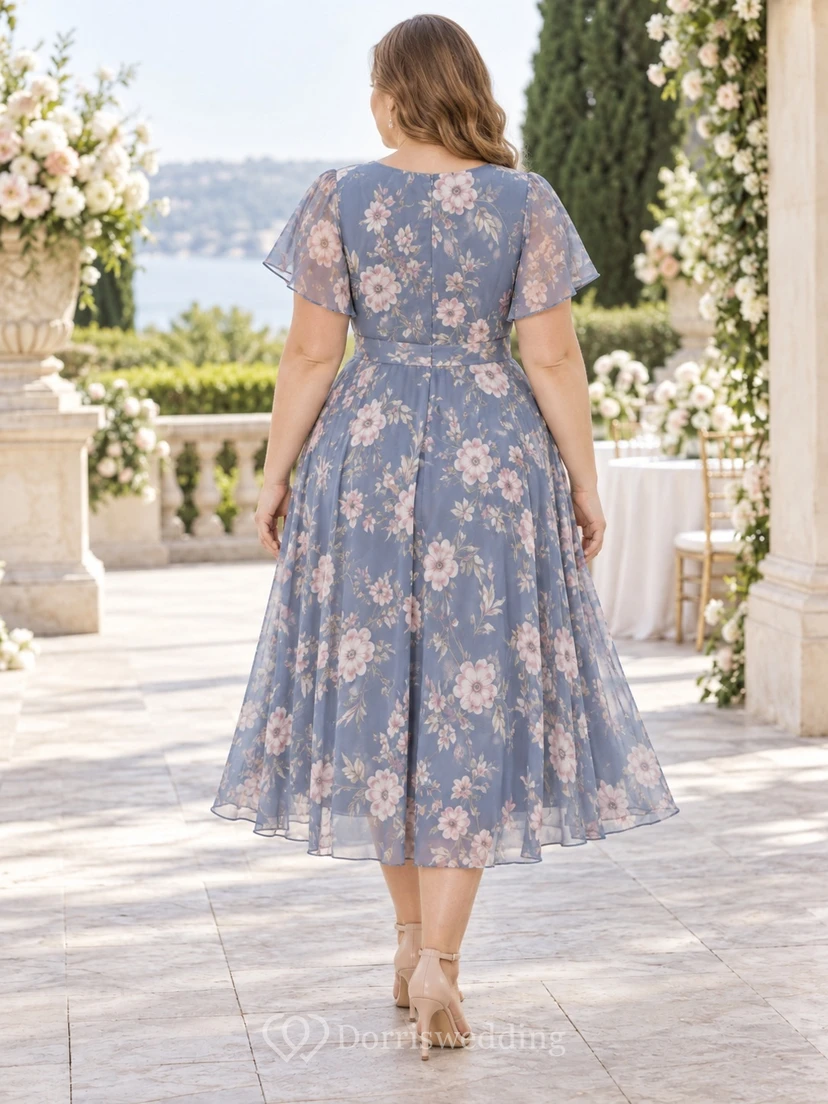 Vestido de fiesta largo hasta el suelo de gasa azul acero con cuello en V y estampado floral, talla grande, estampado floral y estampado floral. view 2