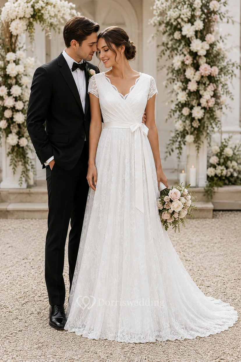 Robe de mariée en dentelle, coupe trapèze, décolleté en V festonné, manches courtes illusion, longueur au sol view 7