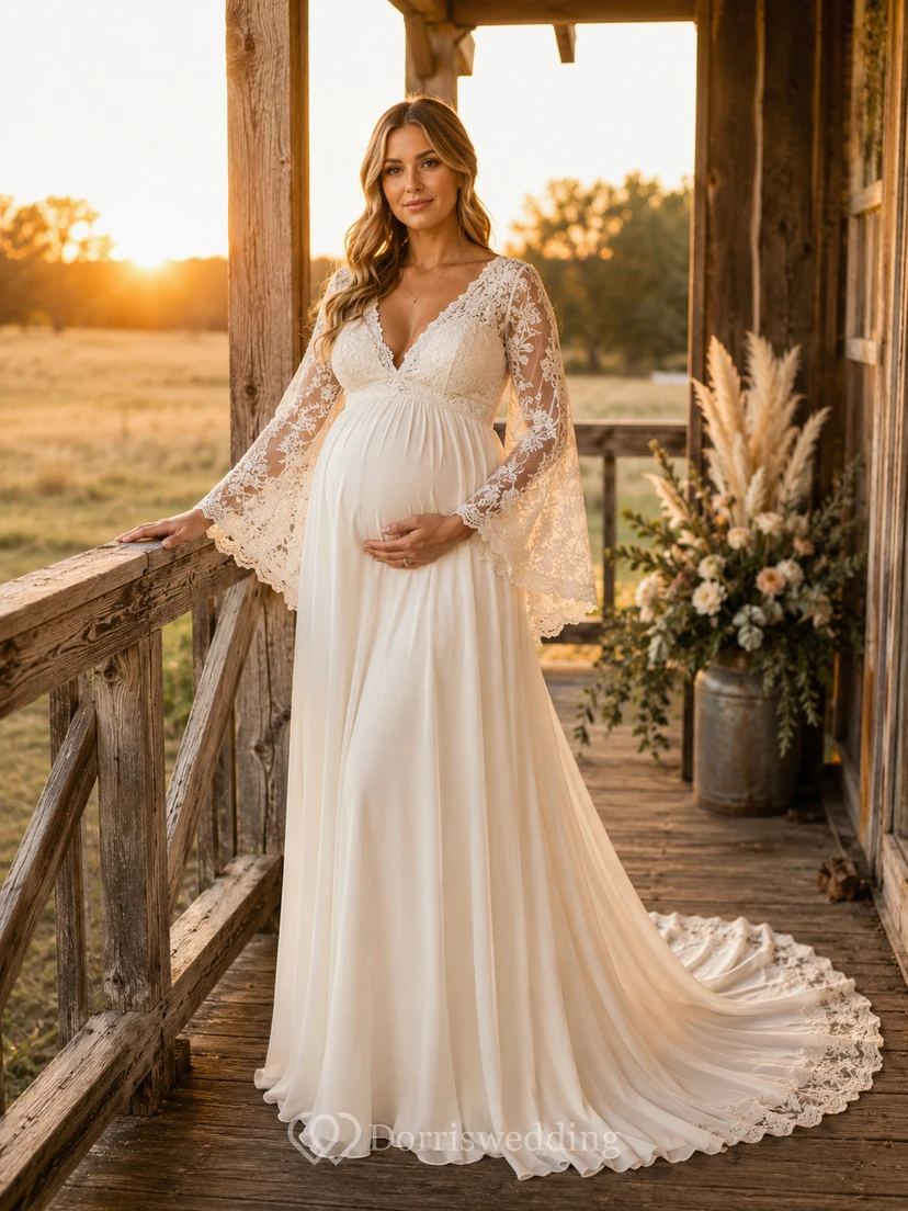 Robe de mariée rustique à col en V et manches longues en dentelle pour femme enceinte