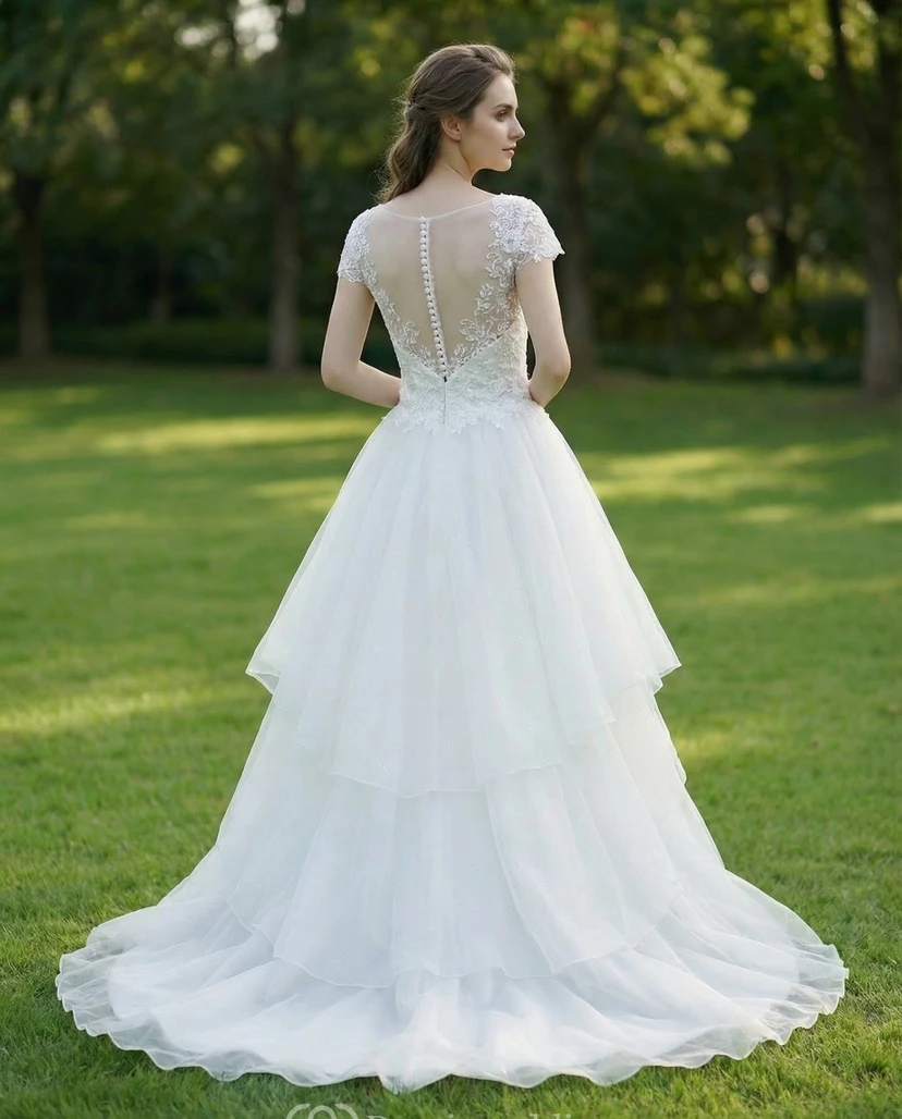 Robe de mariée à manches t-shirt asymétriques et effet illusion view 2