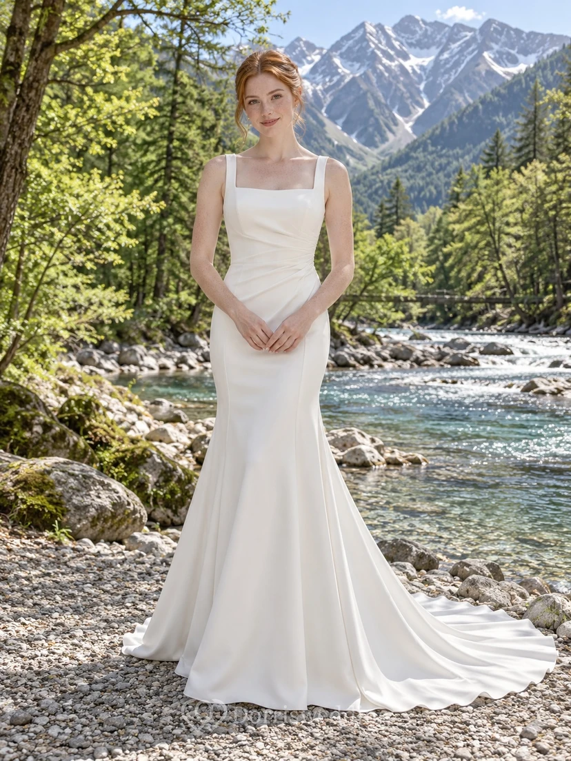 Schlichtes, ärmelloses Brautkleid im Meerjungfrauenstil mit eckigem Ausschnitt und seitlicher Drapierung