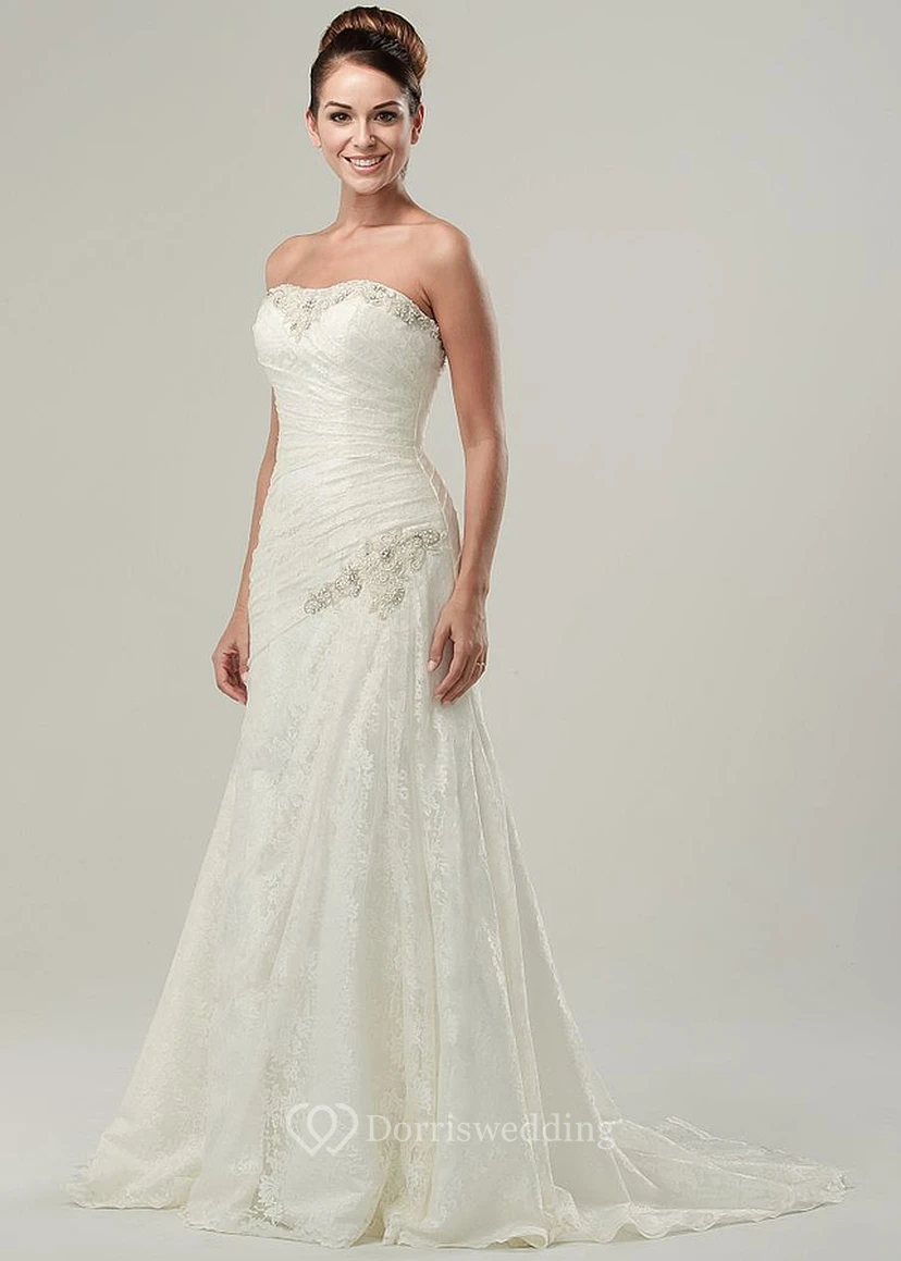 A-Line Floor-Length Beaded Sleeveless Strapless Lace Wedding Dress With Side Draping And Appliques
