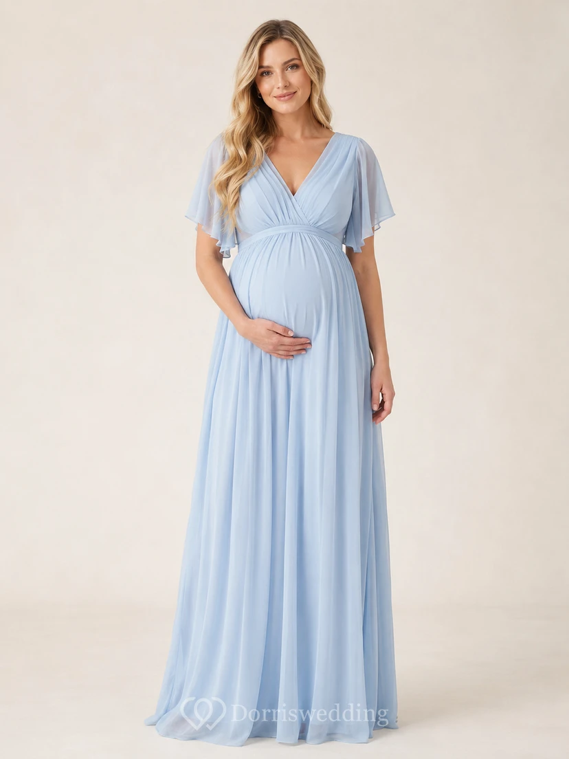 Vestido de dama de honor de gasa azul cielo con escote en V, mangas con volantes y corte imperio, largo hasta el suelo, para embarazadas.