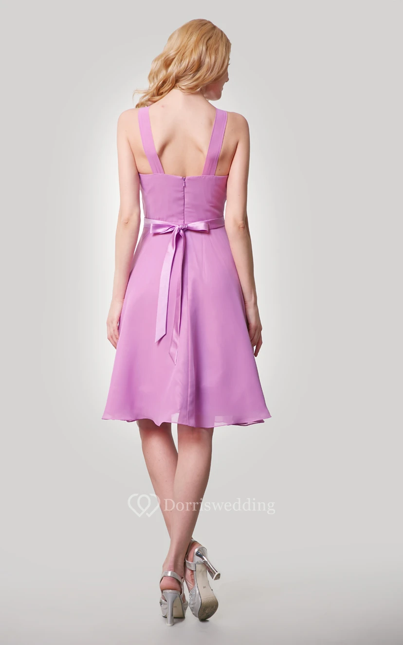 Chiffon Knee Length A-Line Dress With Straps and Satin Bow Sash view 3