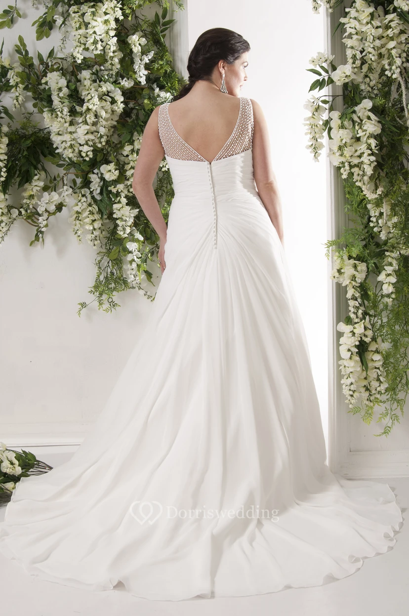 A-Line V-Neck Draped Sleeveless Chiffon Plus Size Wedding Dress With Beading And Broach view 2