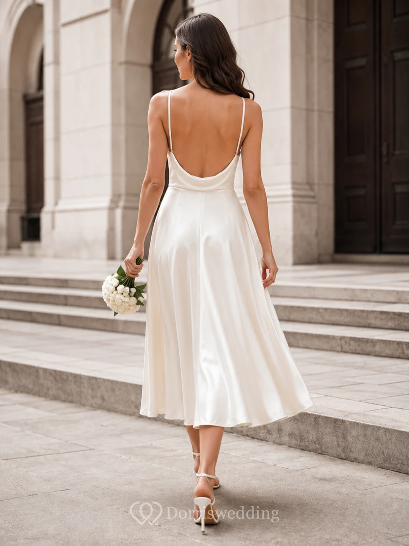 Modern Civil Satin A Line Cowl Spaghetti Tea Length Courthouse Wedding Dress view 2