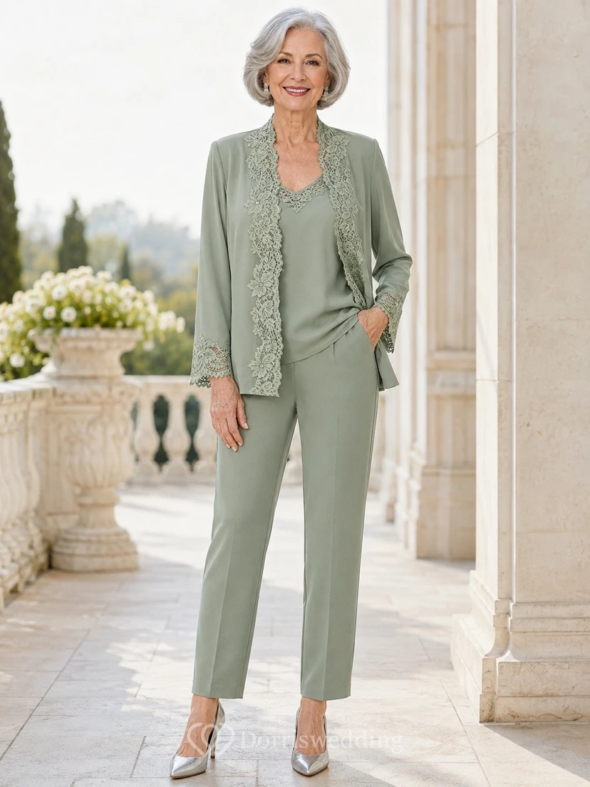 Sage Lace Jacket Two-Piece Jumpsuit Long-Sleeve Mother Suit