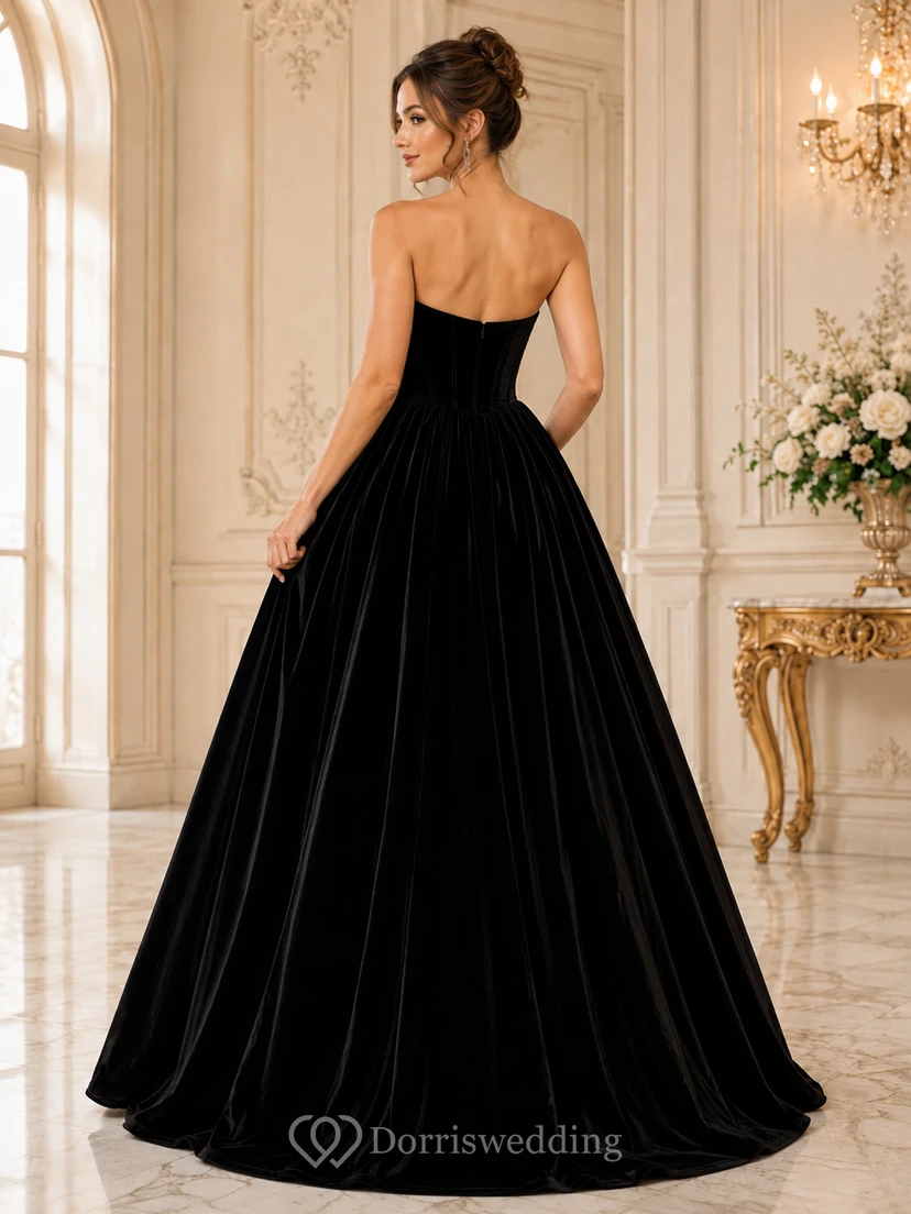 Vestido de noche formal largo hasta el suelo, estilo princesa, negro, sin tirantes, de terciopelo con escote corazón. view 2