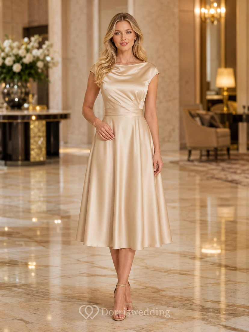 Champagne Bateau Satin Tea Length A Line Dress