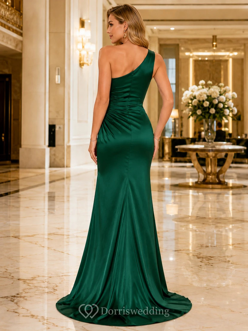 Dunkelgrünes, modernes Meerjungfrauen-Abendkleid mit One-Shoulder-Ausschnitt und Schlitz view 2