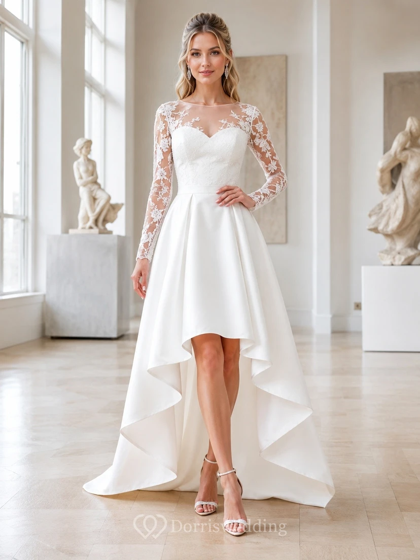 Vestido formal de satén blanco con encaje y mangas largas, corte en A, asimétrico (más largo que el largo habitual).