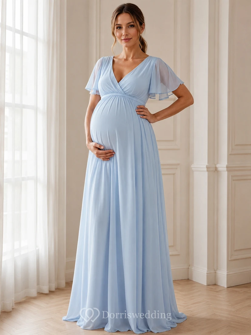 Robe longue de maternité bleu ciel en mousseline, col V, manches papillon doubles, style portefeuille, à col en V.