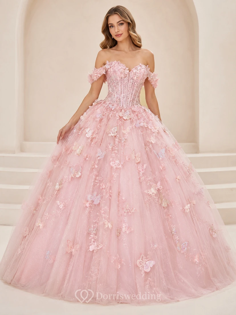 Blushing Pink Luxury Off Shoulder Three Dimensional Butterfly Quinceanera Princess Ball Gown