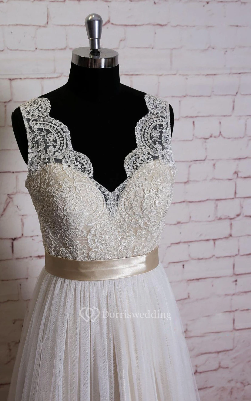 Sleeveless Queen Anne Neck A-Line Tulle Vow Renewal Dress With Satin Sash view 4