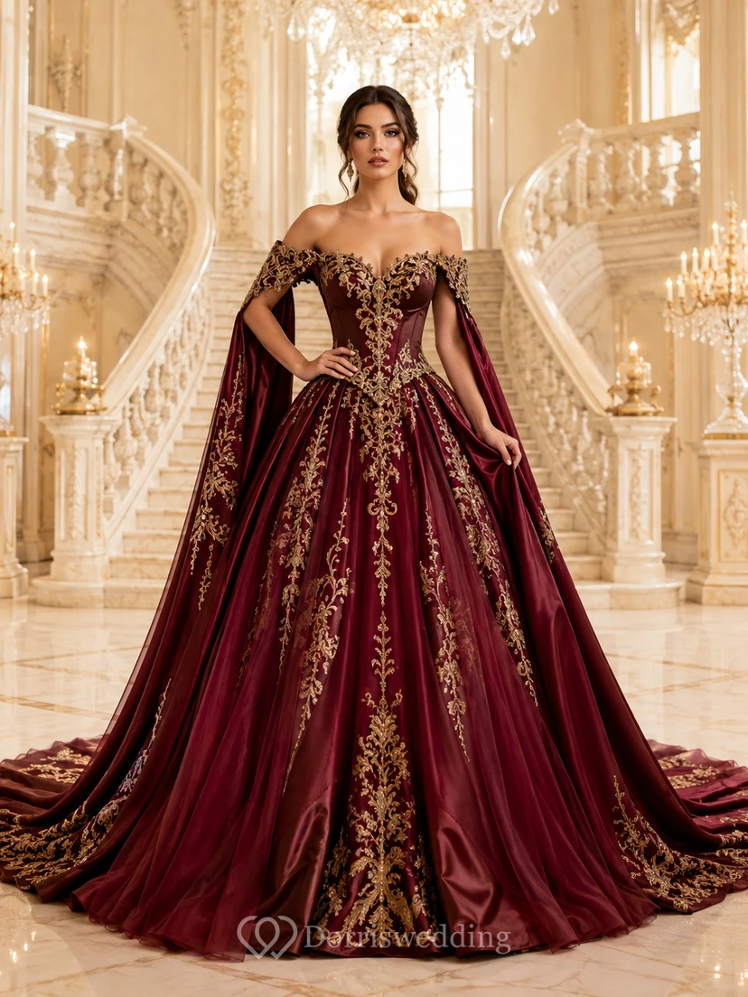 Vestido de quinceañera de lujo color borgoña con hombros descubiertos, bordado, de terciopelo, con mangas tipo capa y cola catedral.