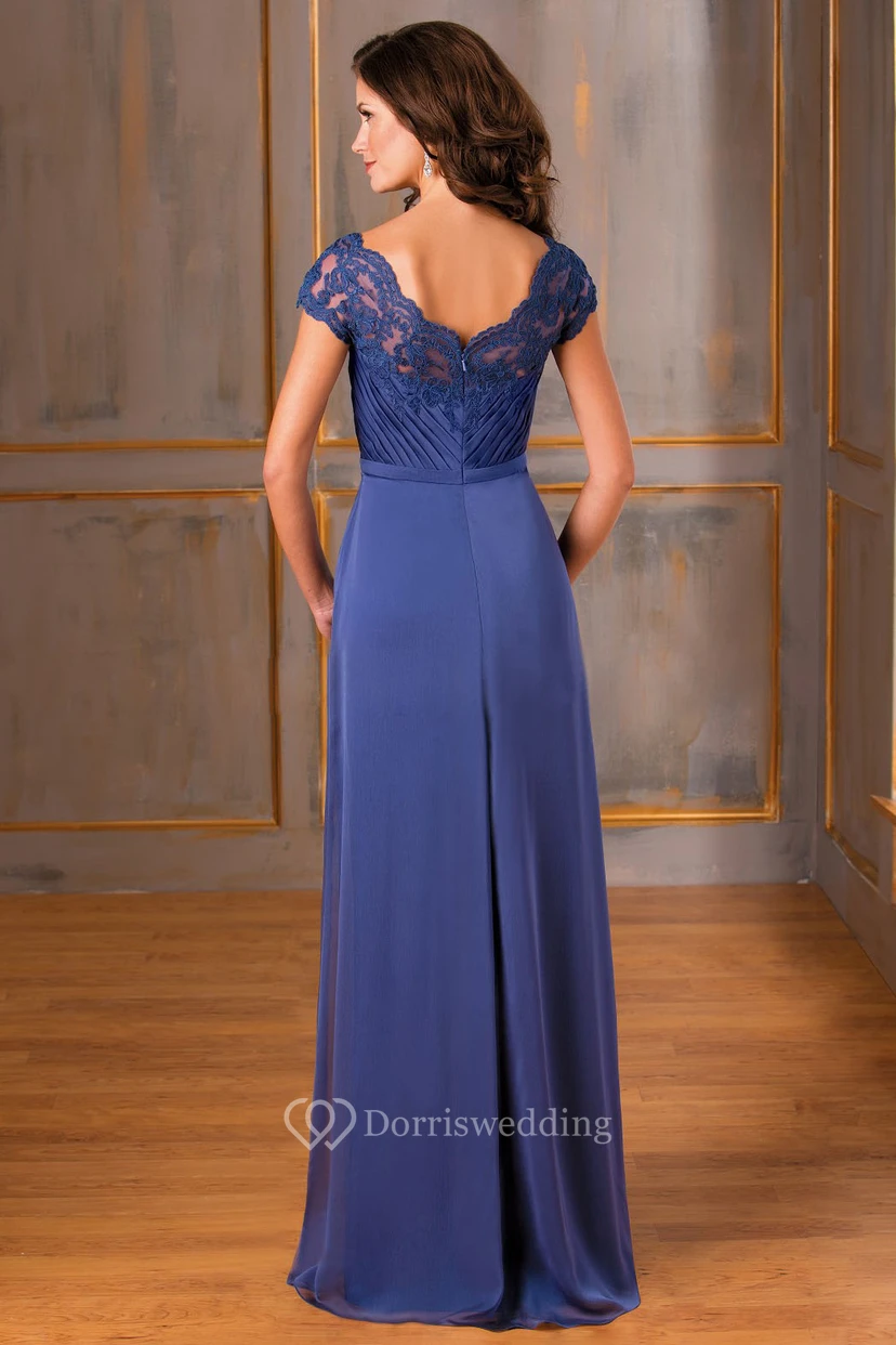 Cap-Sleeved A-Line Long Gown With Lace Appliques And V-Back view 2