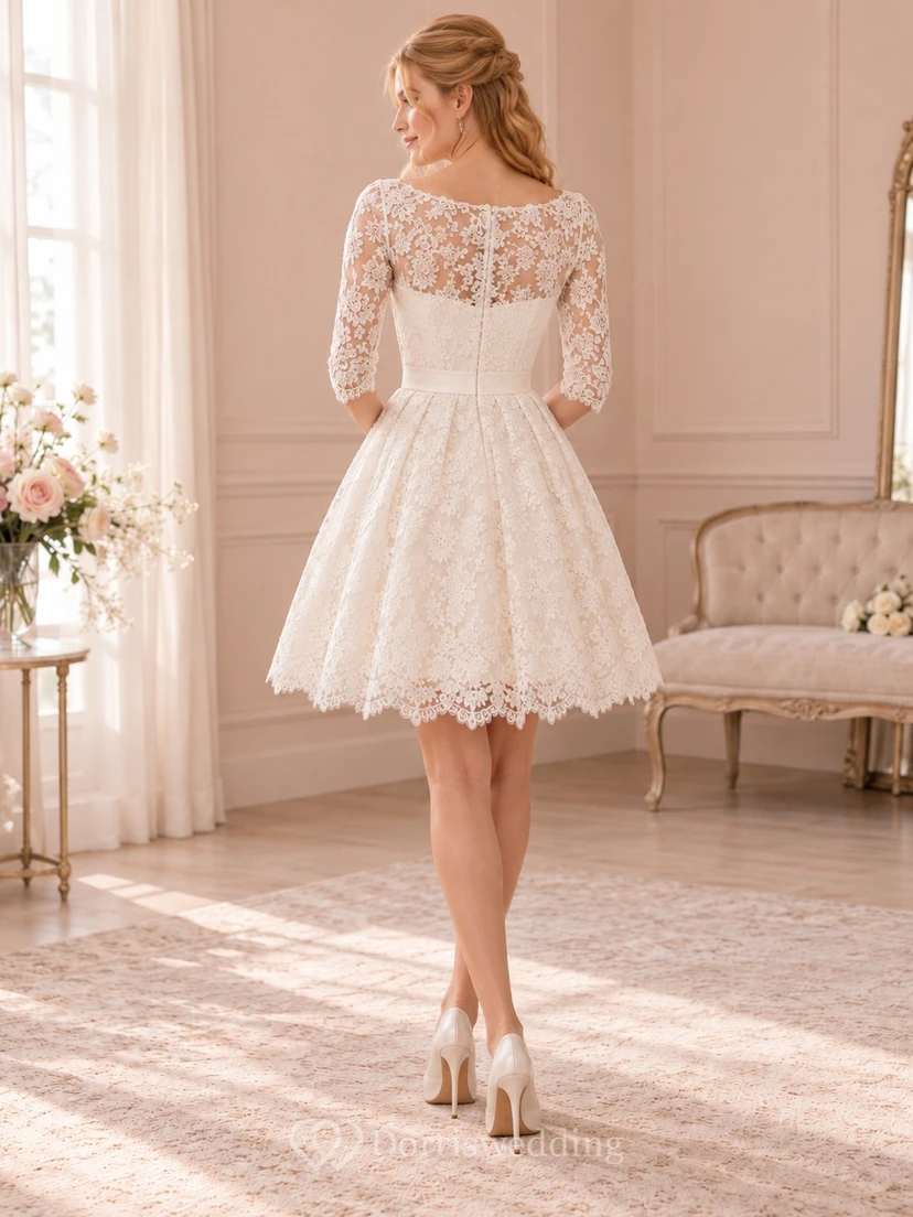 Short Bateau Neck Three Quarter Sleeve Lace A-Line Wedding Dress view 2