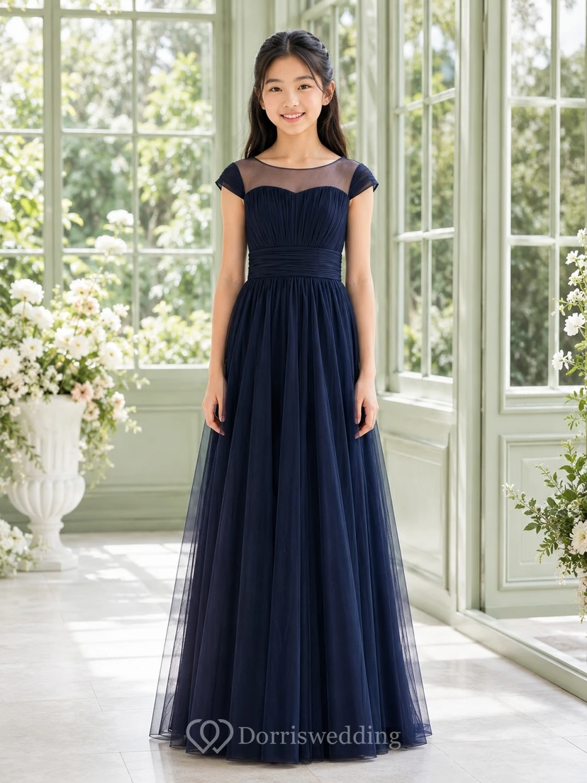 Dark Navy Junior Bridesmaid Dress A-Line Floor-Length Jewel Short Sleeve Illusion Yoke Romantic