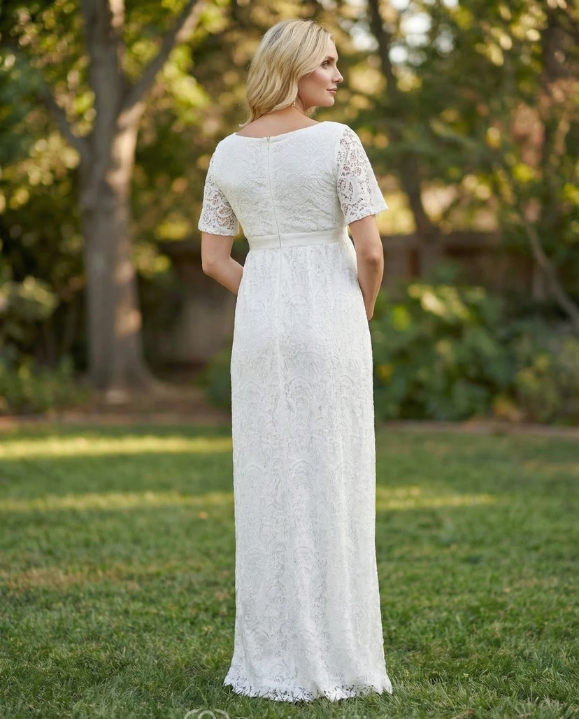 White Lace V Neck Maternity Wedding Dress with Short Sleeves view 2