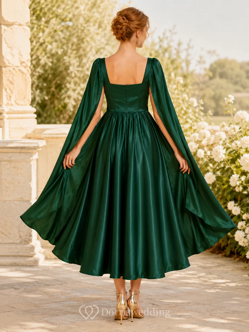 Dark Green Square Neck Long Cape Sleeve Satin A-Line Midi Guest Dress view 2