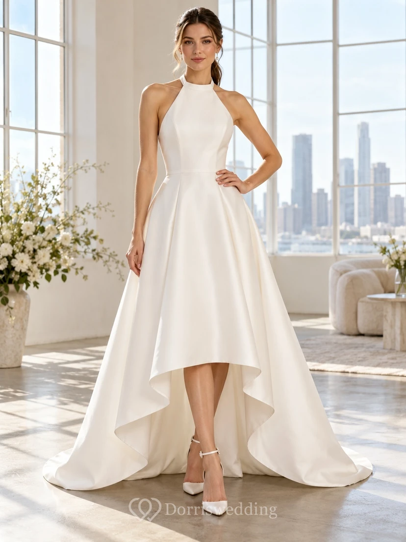 Schlichtes, ärmelloses Satin-Brautkleid mit hohem Bund und Schleppe