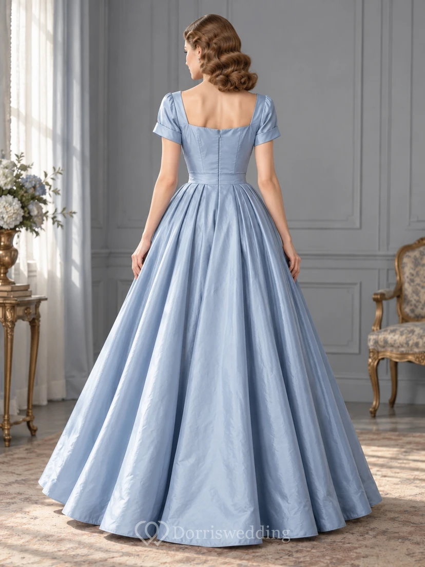 1940s Square Neck Sky Blue Short Sleeve Satin Formal Ball Gown view 2