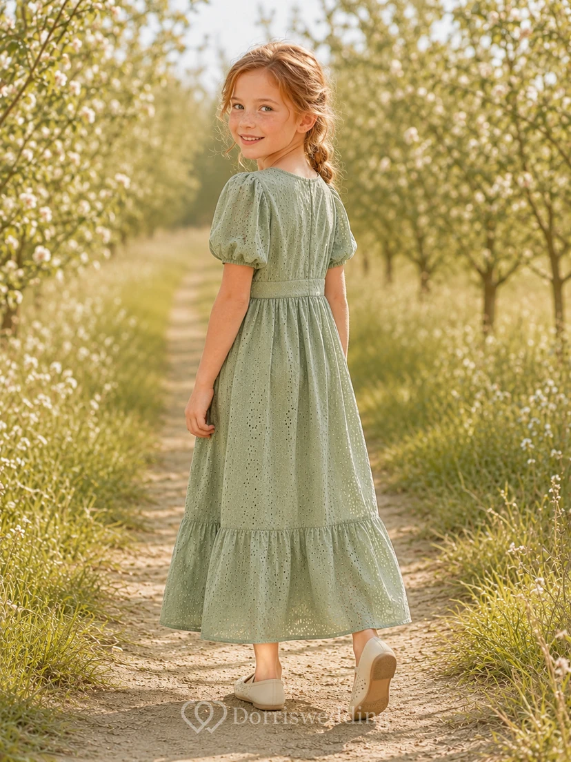 Flower Girl Dress A-Line Sage Lightweight Breathable Chiffon Tiered Puff Sleeve view 2