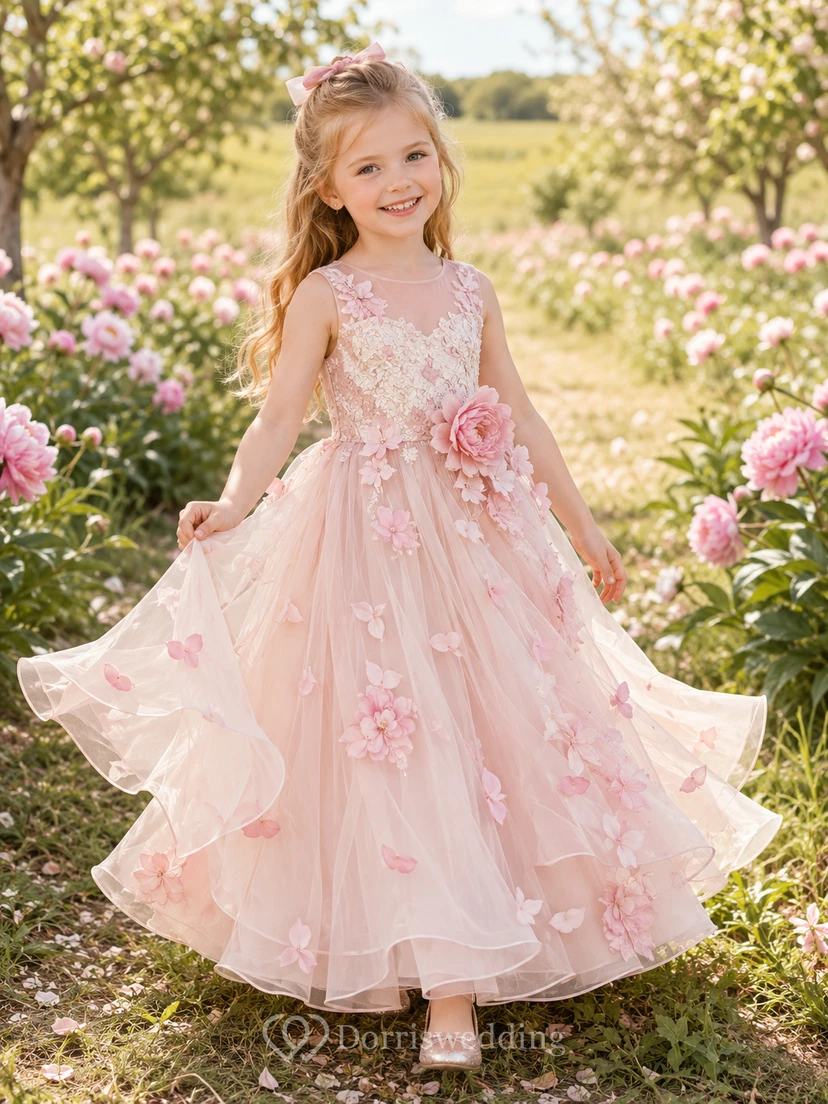 Blush Pink Peony Flower Girl Dress with Sleeveless Tulle A-Line, Cascading Ruffles, Floral Appliques, and Tea-Length Movement