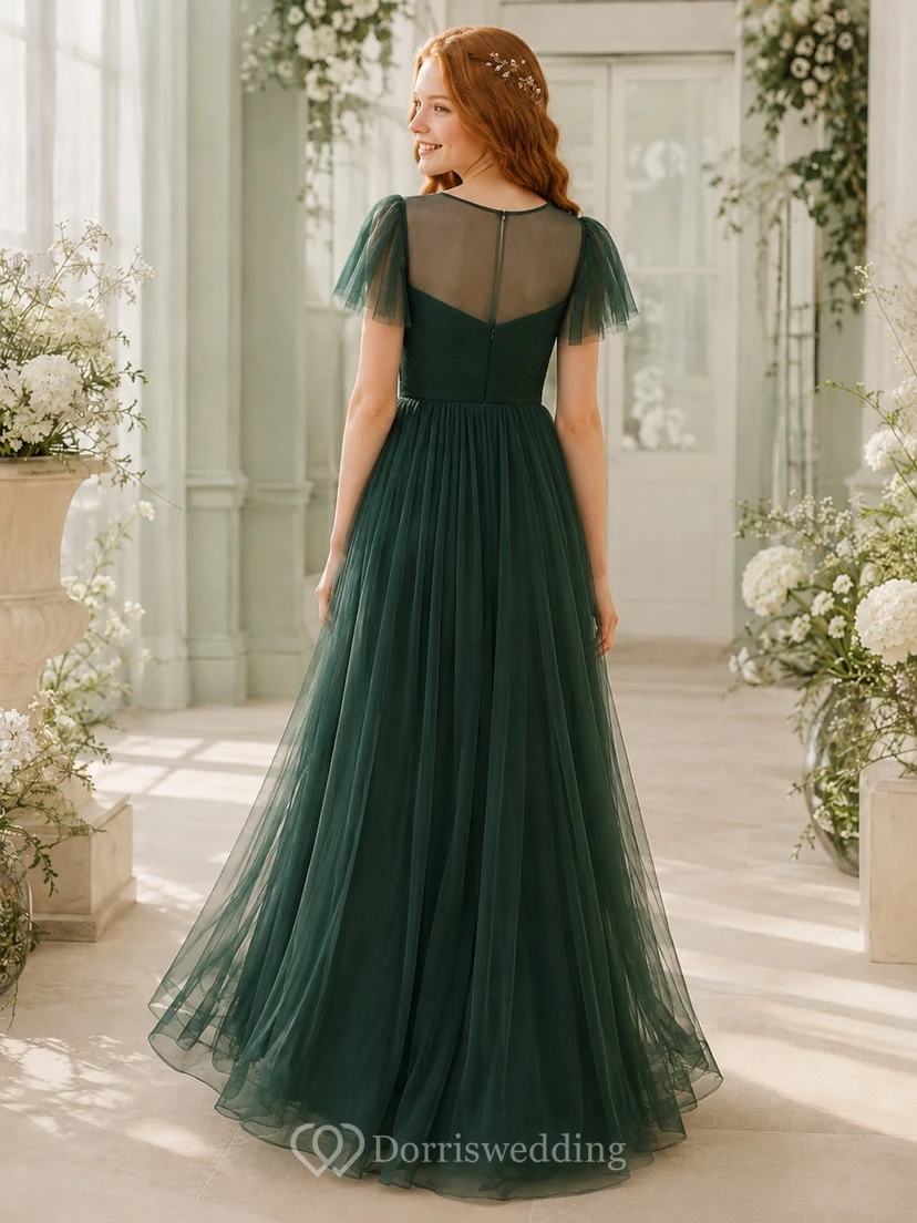 Vestido de dama de honor juvenil verde oscuro, corte en A, manga corta, tul, volantes, estilo romántico formal. view 2