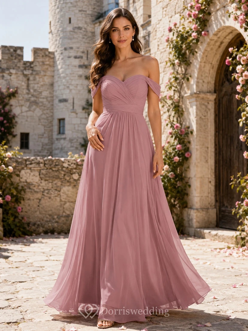 Castle Dusty Rose Off-Shoulder Chiffon A-Line Floor-Length Bridesmaid Dress Romantic Elegant Off-the-shoulder