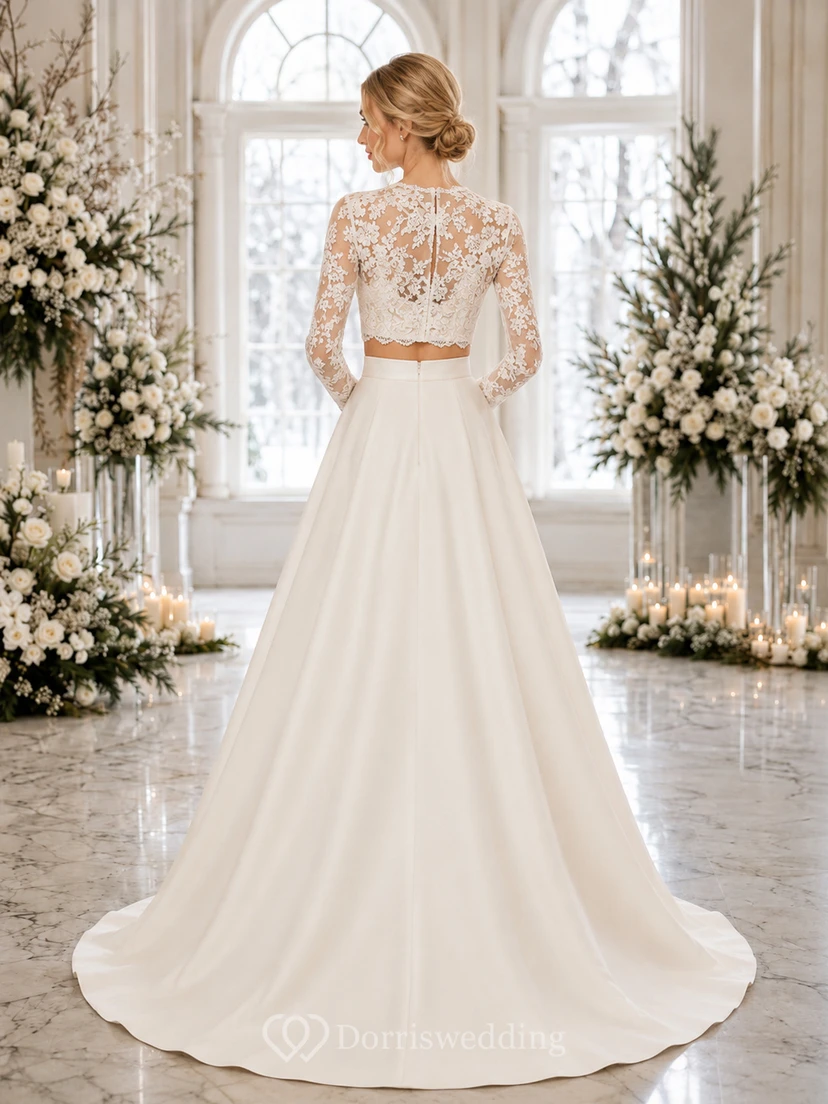 High Neck Long Sleeve Lace Top Satin Winter Bridal Set view 2