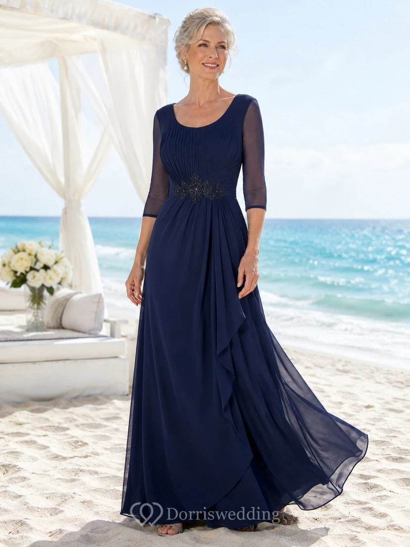 Marineblaues, transparentes Chiffon-Strandkleid mit Rundhalsausschnitt und Ärmeln – perfekt für Mütter