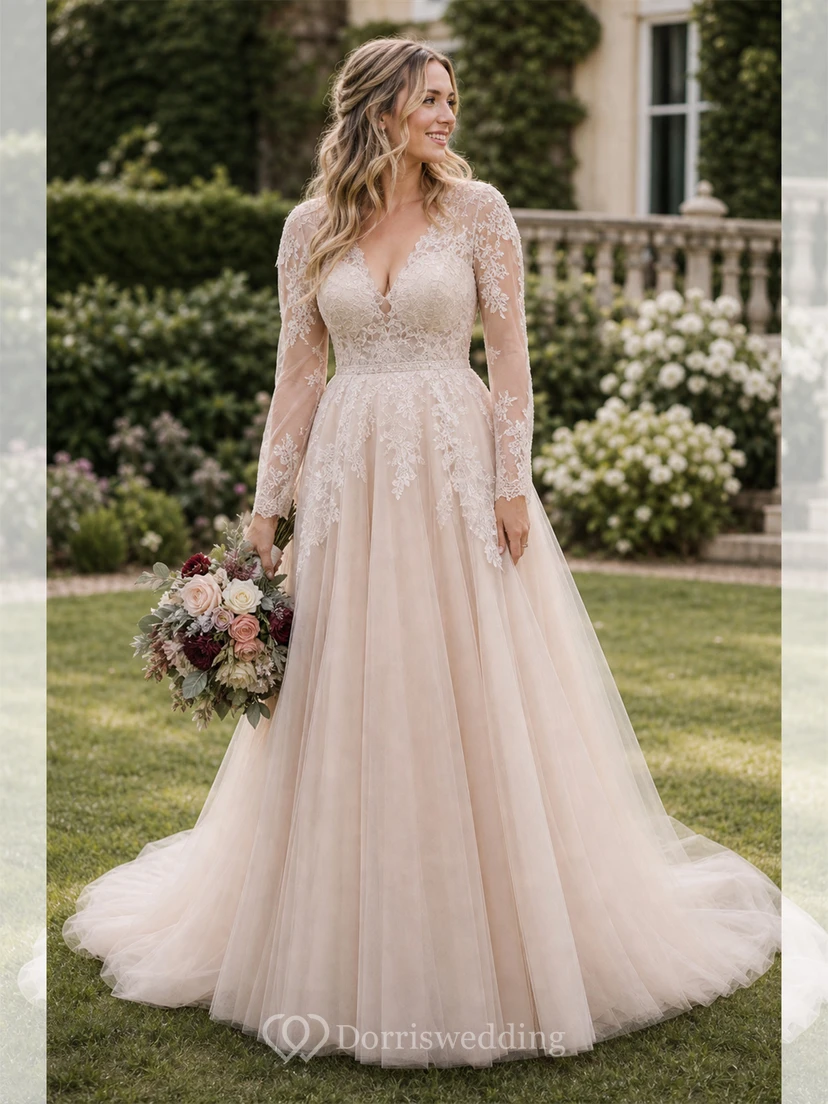 Elegante vestido de novia de corte A, largo hasta el suelo, con cola, mangas largas y apliques. view 9