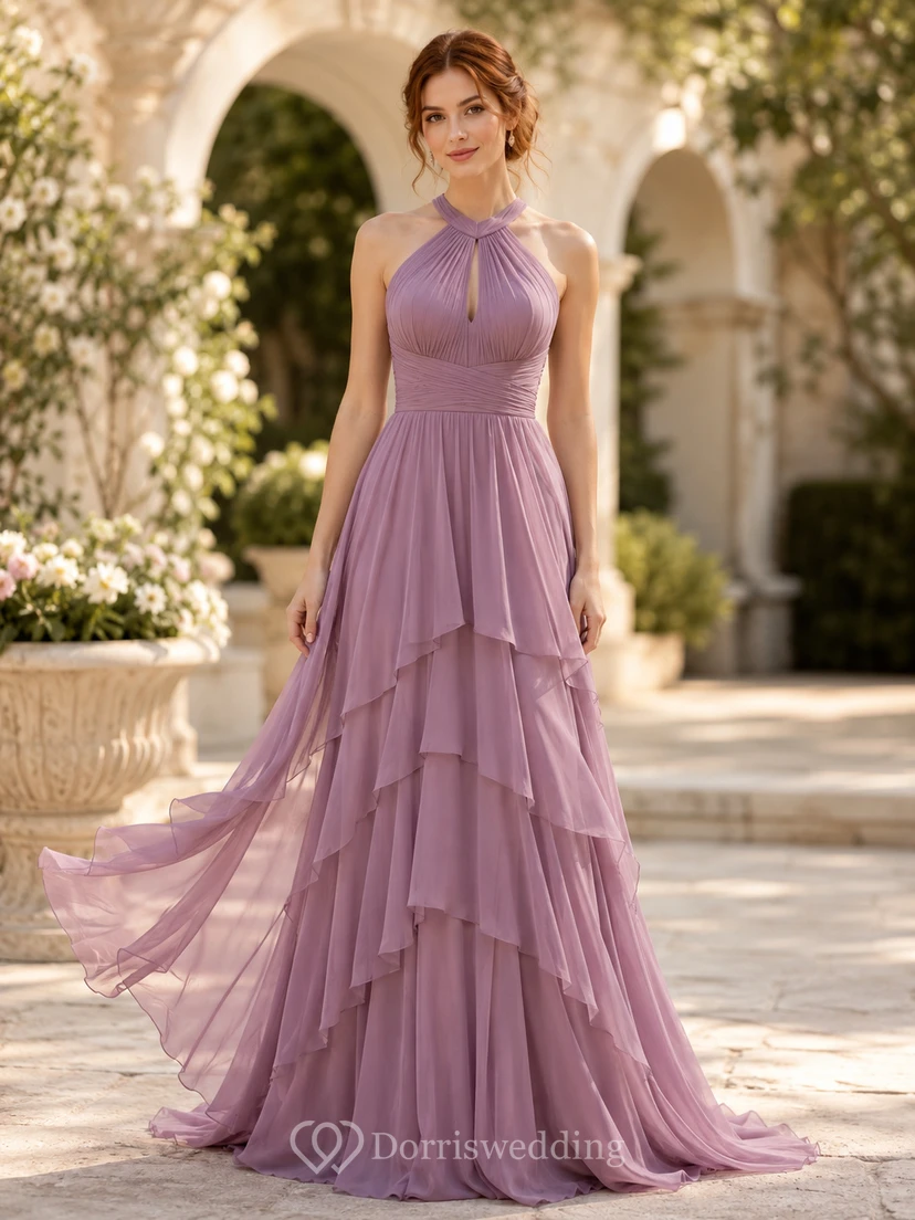Vestido formal de gasa color malva con volantes escalonados