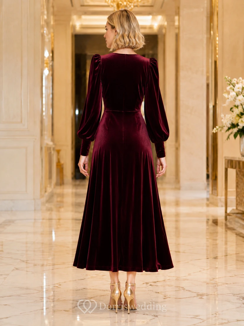 Vestido de invitada de terciopelo burdeos con escote en V, mangas estilo poeta y corte en A hasta el tobillo view 2