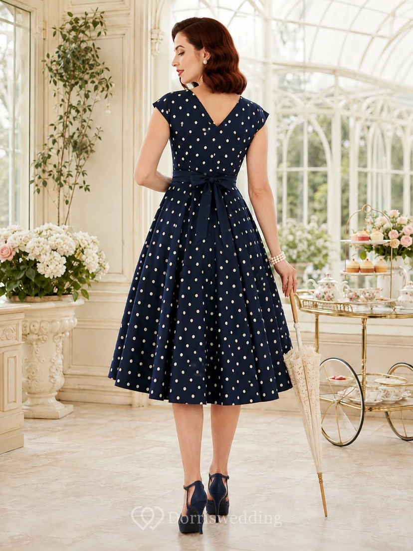 Robe vintage bleu marine à pois en mousseline, coupe trapèze, longueur thé, col en V, sans manches view 2